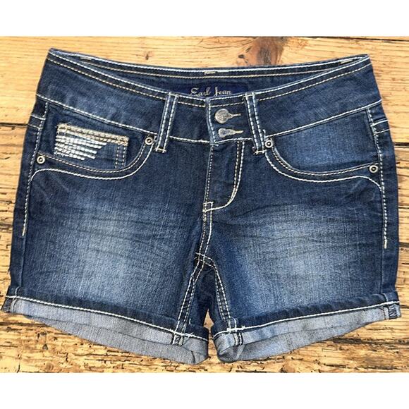Earl Jeans womens size 0 Denim Jean Shorts Thick Stitch Flap Pockets Stretch - Picture 1 of 6
